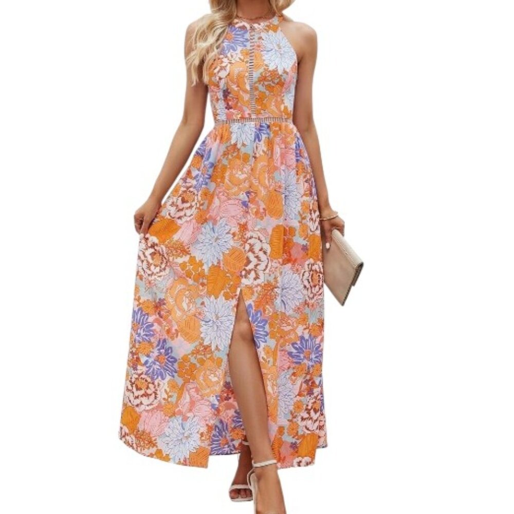 ZESICA Women's Halter Neck Floral Print Backless Split Beach Maxi Dress 2XL NWT
